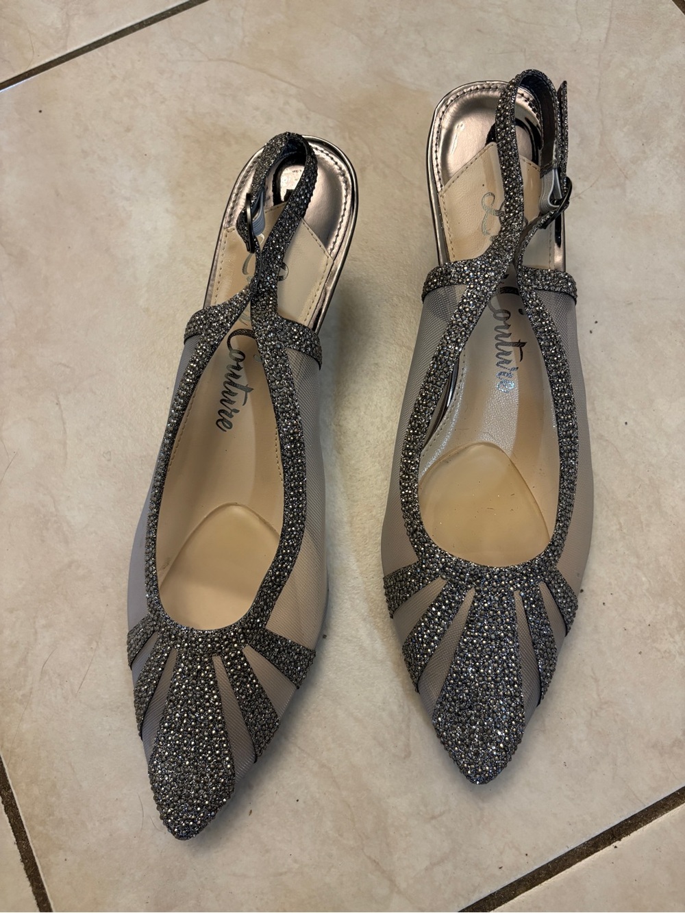 Glitter Mesh Pointed T-Strap Heels in Gray